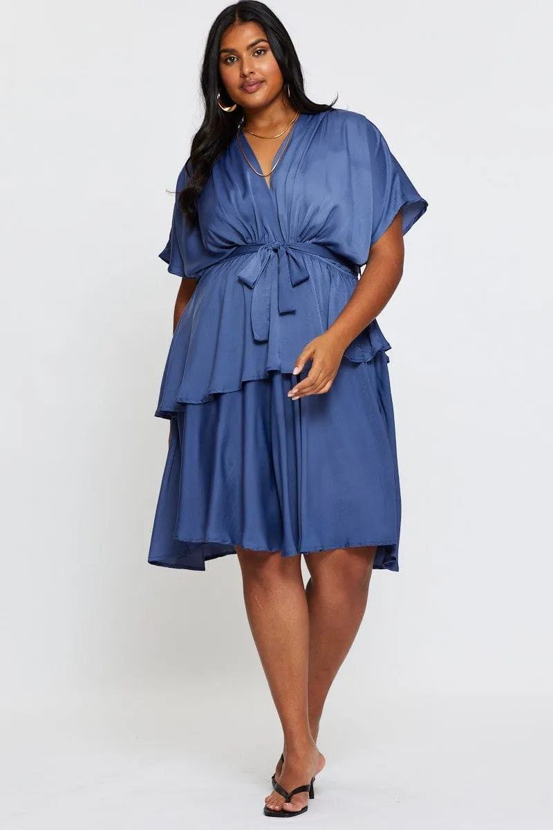 Mid Blue Skater Dress V-neck Batwing Sleeve Tie Glow Star Hot Beat
