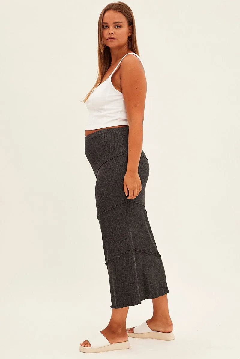 Grey Maxi Skirt Asymmetric Rib Geometric Print Functional Fashion