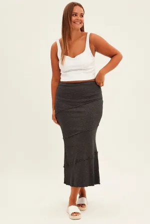 Double Layer Construction Grey Maxi Skirt Asymmetric Rib