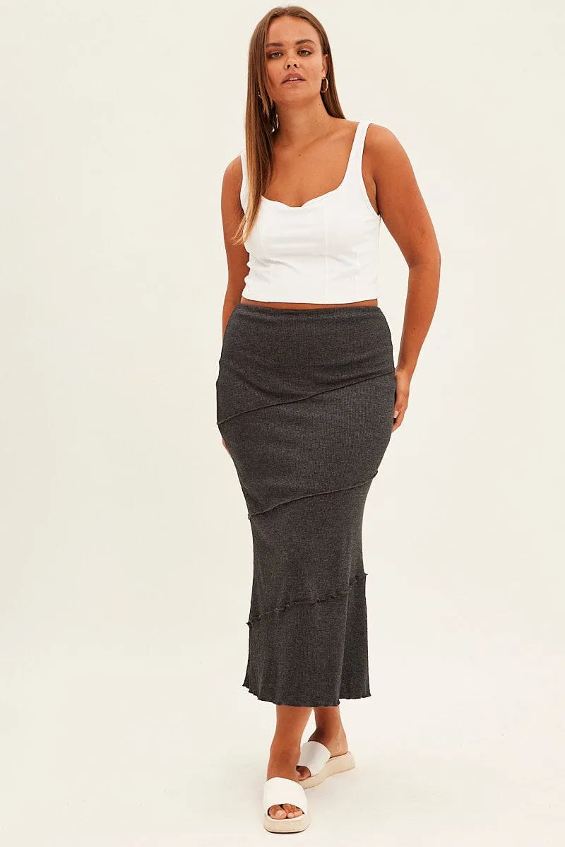 Grey Maxi Skirt Asymmetric Rib Velvet Finish
