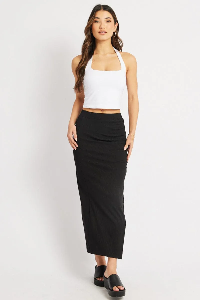 Black Midi Skirt High Rise Side Ruched Elastic Waistband raw hem