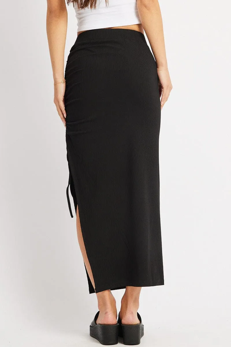 Crossback Strap Black Midi Skirt High Rise Side Ruched Elastic Waistband