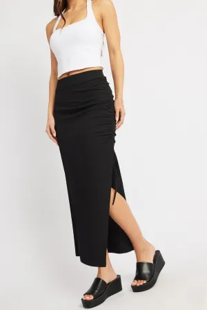 Lightweight Material Ventilated Panels Black Midi Skirt High Rise Side Ruched Elastic Waistband