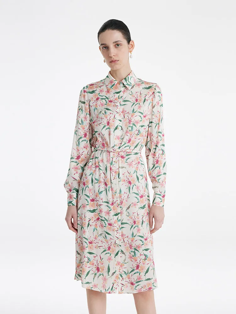 19 Momme Mulberry Silk Floral Print Women Midi Shirt Dress With Belt british retro Classic Cool