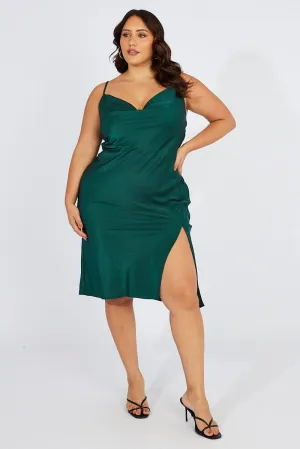 Blue Cowl Midi Dress Satin Front Split Elegant Layers
