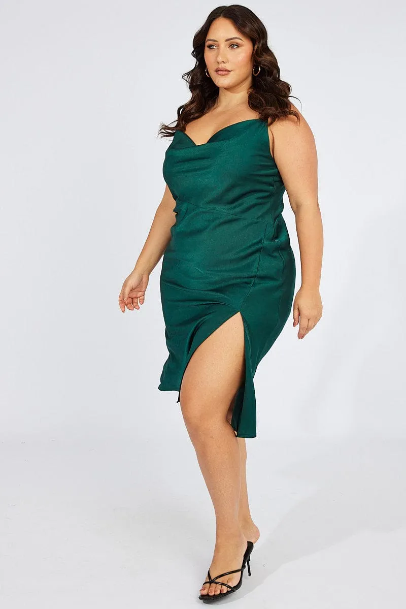 Blue Cowl Midi Dress Satin Front Split Smart and Stylish Versatile Design