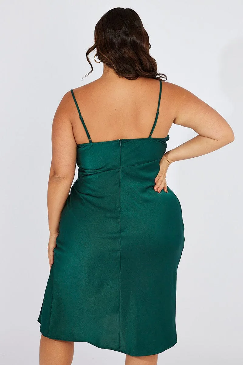 Trendy Fashion Blue Cowl Midi Dress Satin Front Split