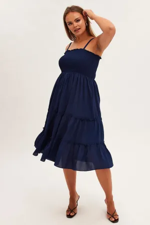 Blue Midi Dress Textured Shirred Bodice Strappy Timeless Design All-day wear midi