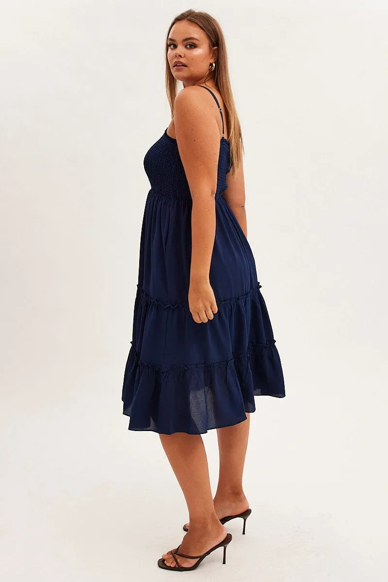 Stylish Appearance Blue Midi Dress Textured Shirred Bodice Strappy