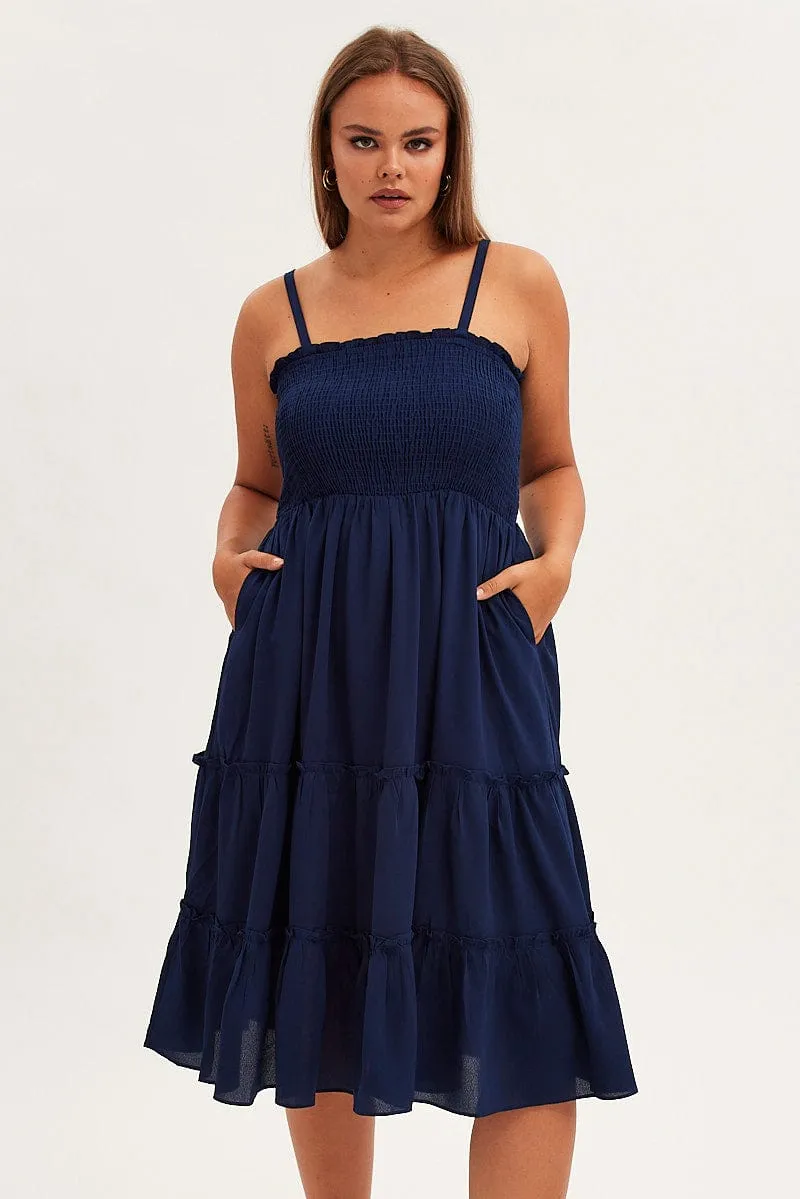 Relaxed Appearance Quick Layer Blue Midi Dress Textured Shirred Bodice Strappy