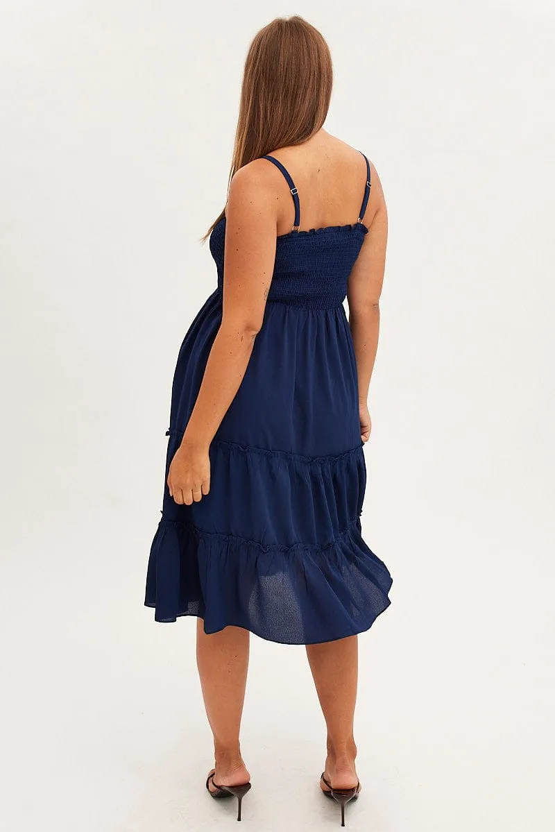 Gem Shine Graceful Aging Blue Midi Dress Textured Shirred Bodice Strappy