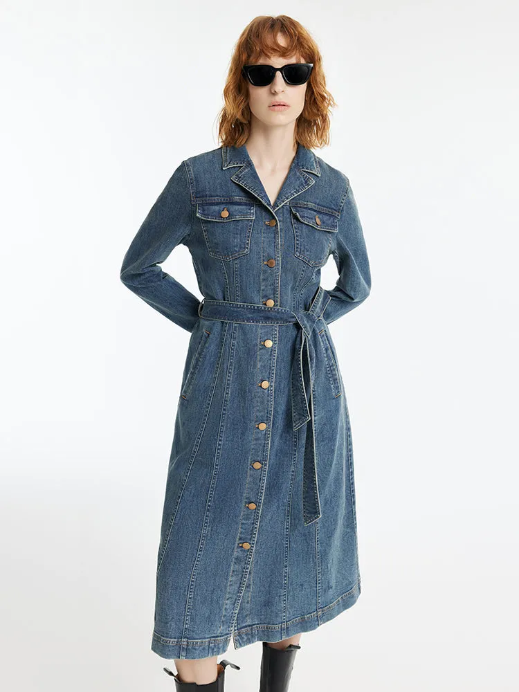 Denim Lapel Single-Breasted Women Midi Dress With Belt Layering friendly Lake Park