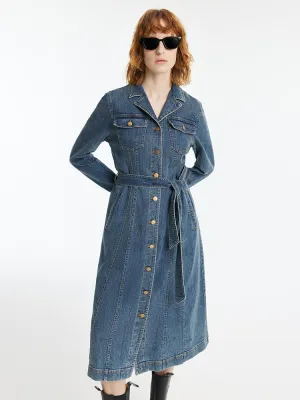 Denim Lapel Single-Breasted Women Midi Dress With Belt Romantic Soul