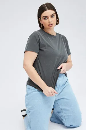 Urban Style Trend Non Fading Material Black T-shirt Short Sleeve Crew Neck Washed