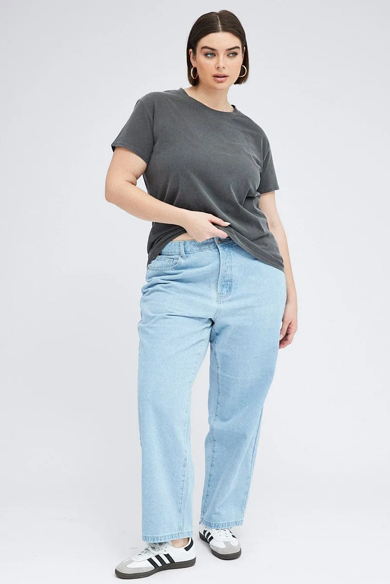 Black T-shirt Short Sleeve Crew Neck Washed Award-winning elastic waistband