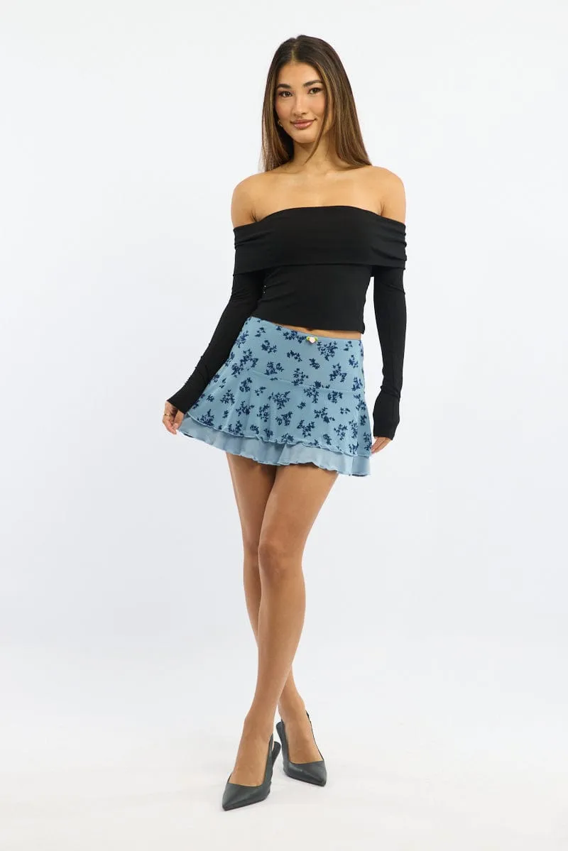 Emerging Designer Blue Floral Mini Skirt Elastic Waist Skater Layered Burnout