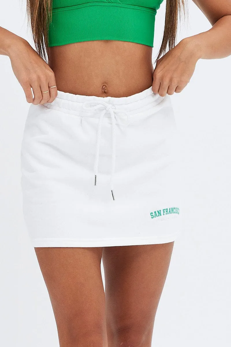 Outdoor Outfit White Mini Skirt Mid Rise Fleece San Francisco Graphic