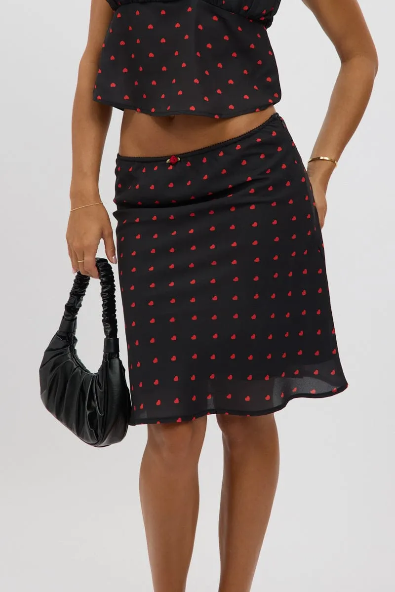 Couture Inspired Black Polka Dot Picot Trim Midi Skirt Chiffon Lined