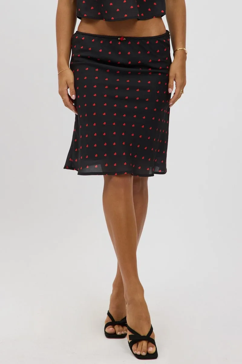 Black Polka Dot Picot Trim Midi Skirt Chiffon Lined Daily Favorite