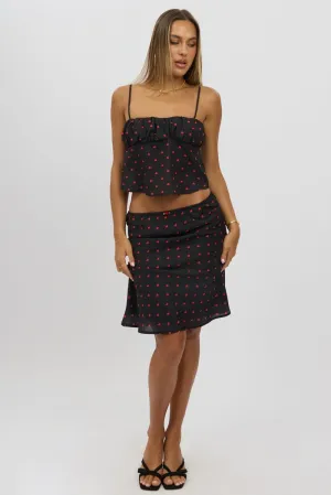 Seasonal Must Have Street Ready Black Polka Dot Picot Trim Midi Skirt Chiffon Lined