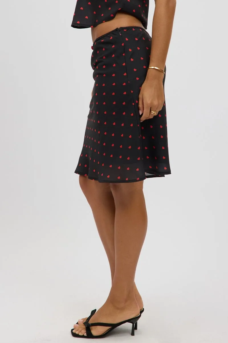 Fresh Detail Black Polka Dot Picot Trim Midi Skirt Chiffon Lined