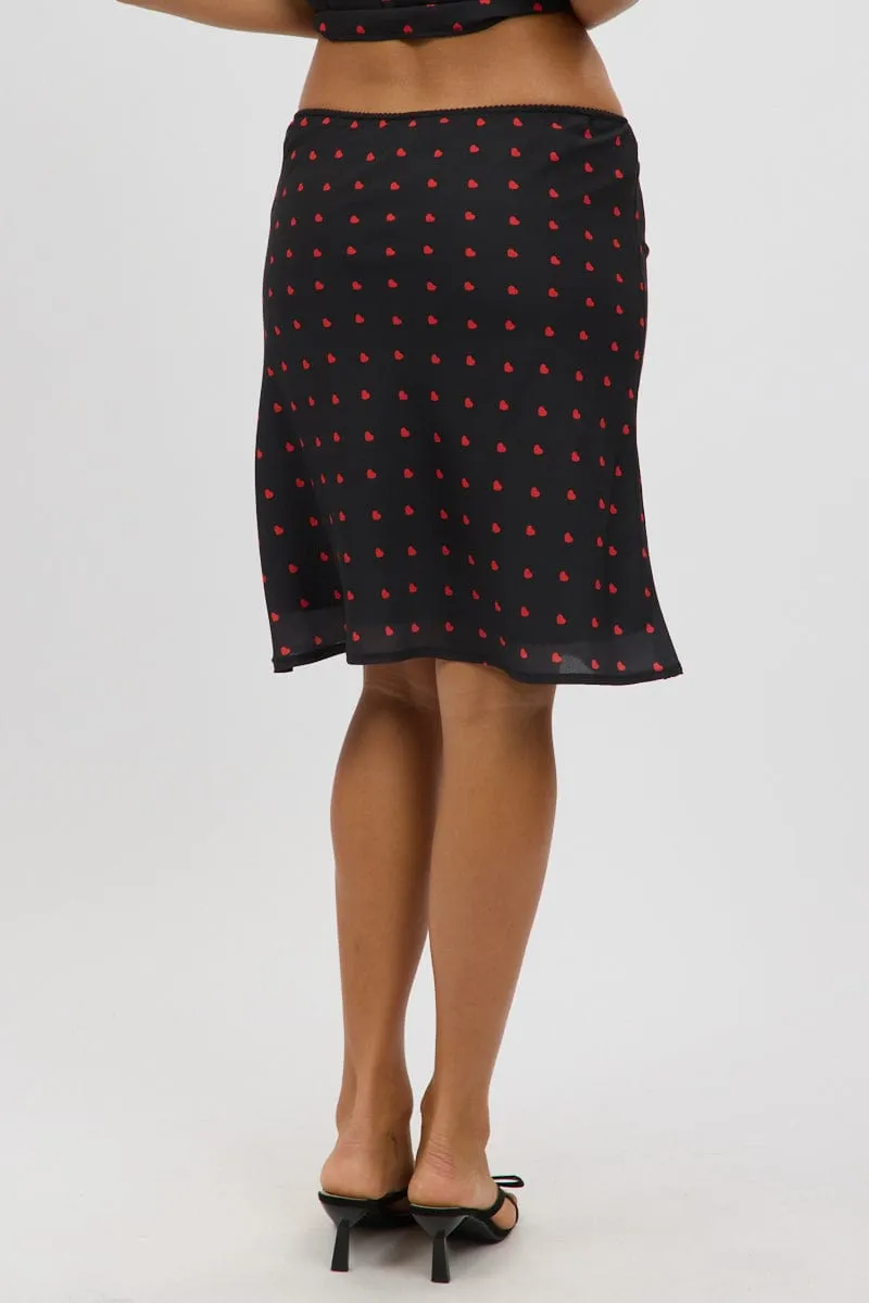 Black Polka Dot Picot Trim Midi Skirt Chiffon Lined Abstract Motif