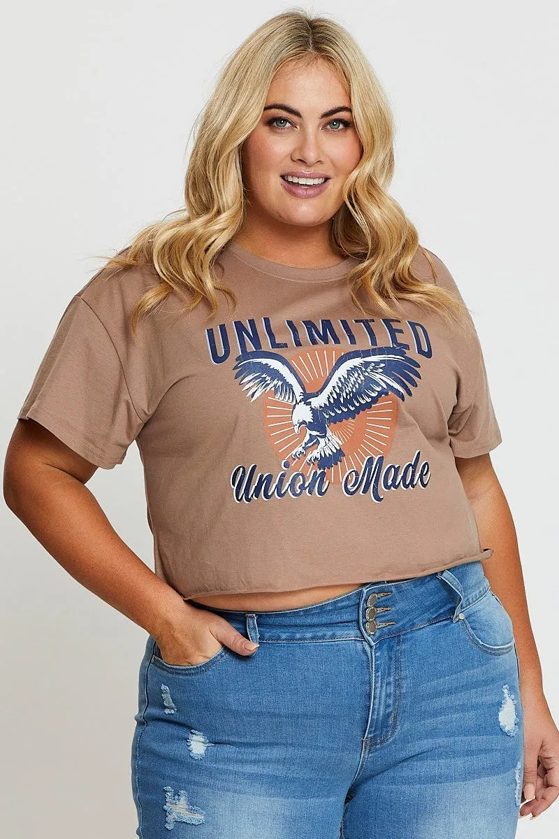 Minimal Fashion Beige Graphic T-shirt Eagle Short Sleeve Cotton