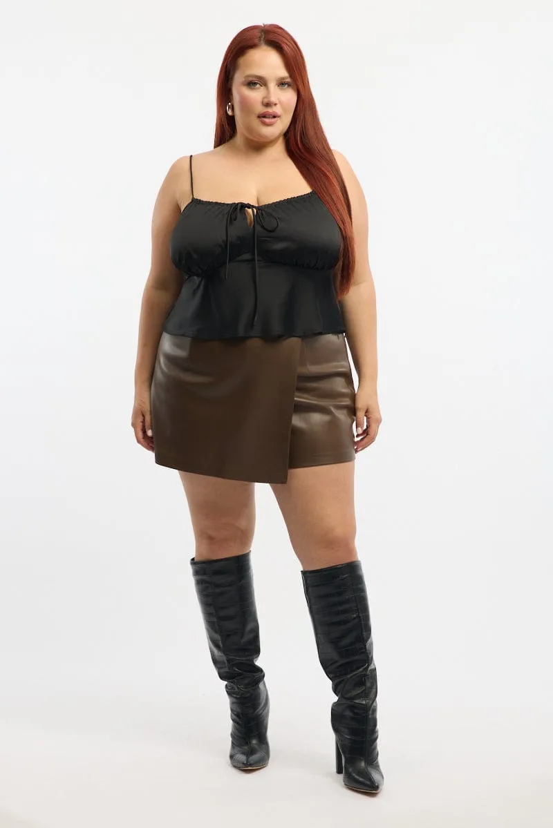 Brown Faux Leather Wrap Skort Shorts Outfit Essence Two Tone Trim