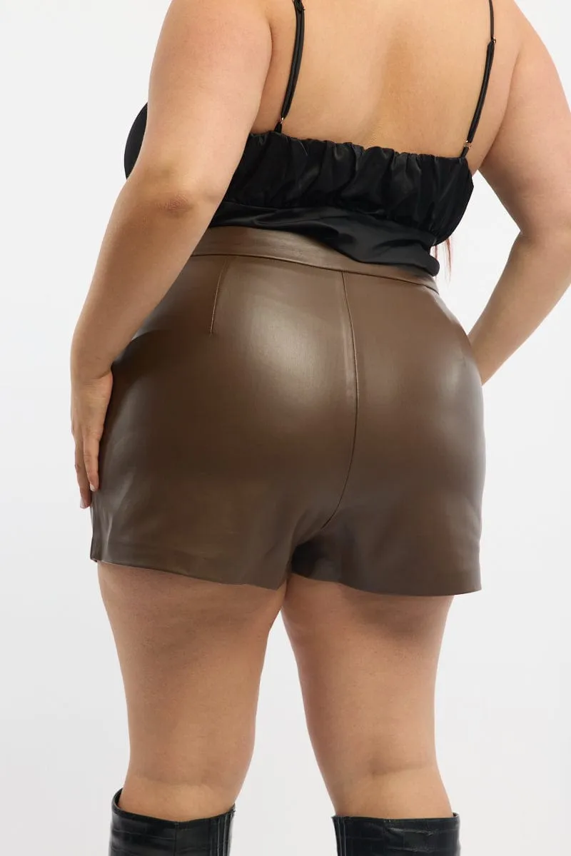 Brown Faux Leather Wrap Skort Shorts Gentle Vibe Flowy Drape