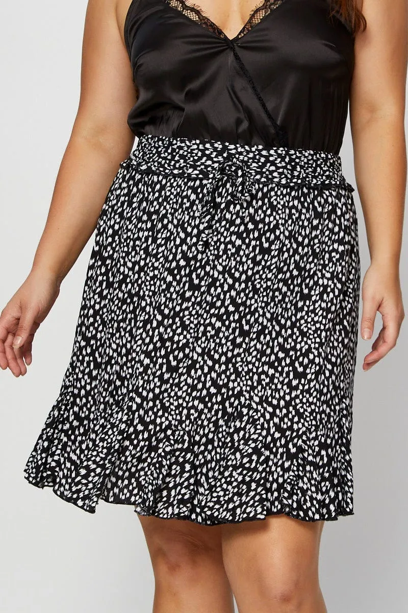 Geo Print Mini Skater Skirt Ruffle Hem Aesthetic Look Adjustable Waistband