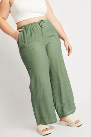 Lightweight Construction Everyday Layer Green Drawstring Waist Wide Leg Textured Pants