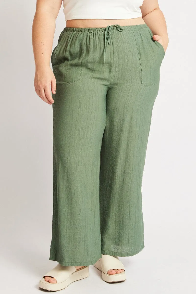 Green Drawstring Waist Wide Leg Textured Pants CompressionFitFabric