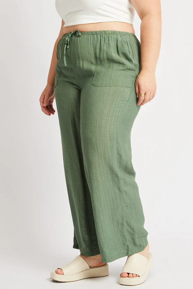 Green Drawstring Waist Wide Leg Textured Pants Belt loops