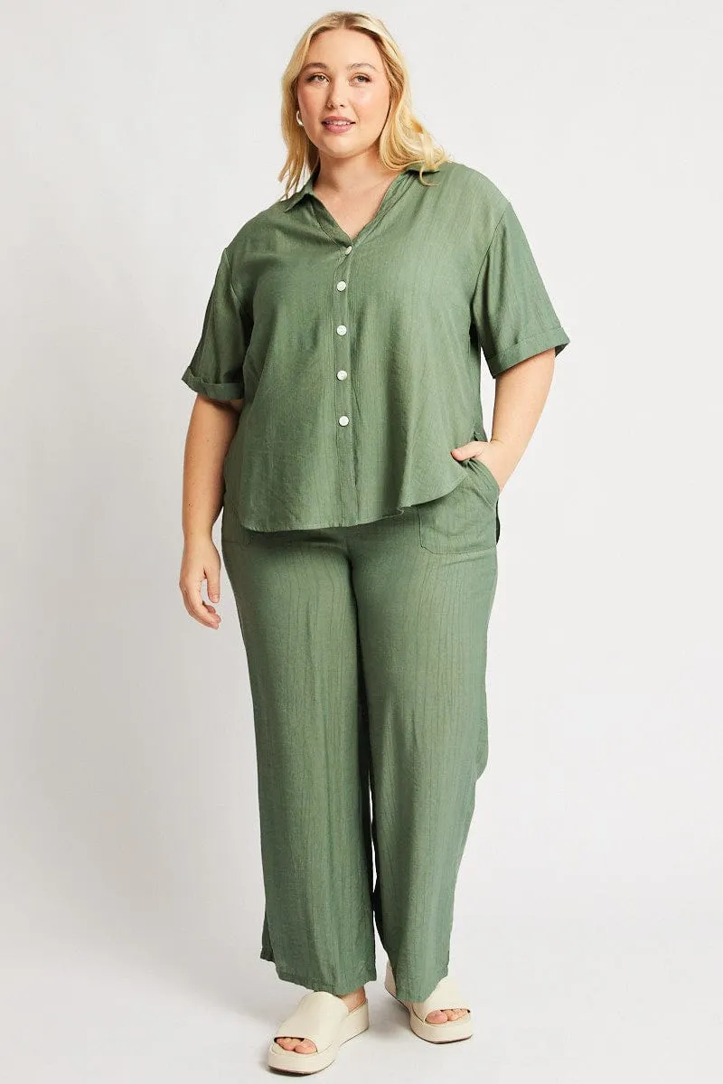 Green Drawstring Waist Wide Leg Textured Pants Lightweight Design