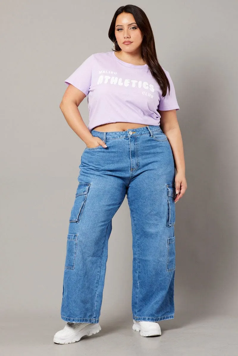 Purple Graphic T-shirt Short Sleeve Crew Neck sale season