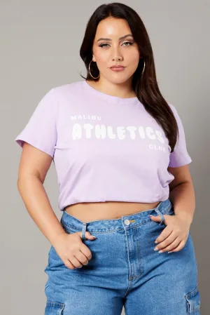 Garment Dyed Technique Purple Graphic T-shirt Short Sleeve Crew Neck