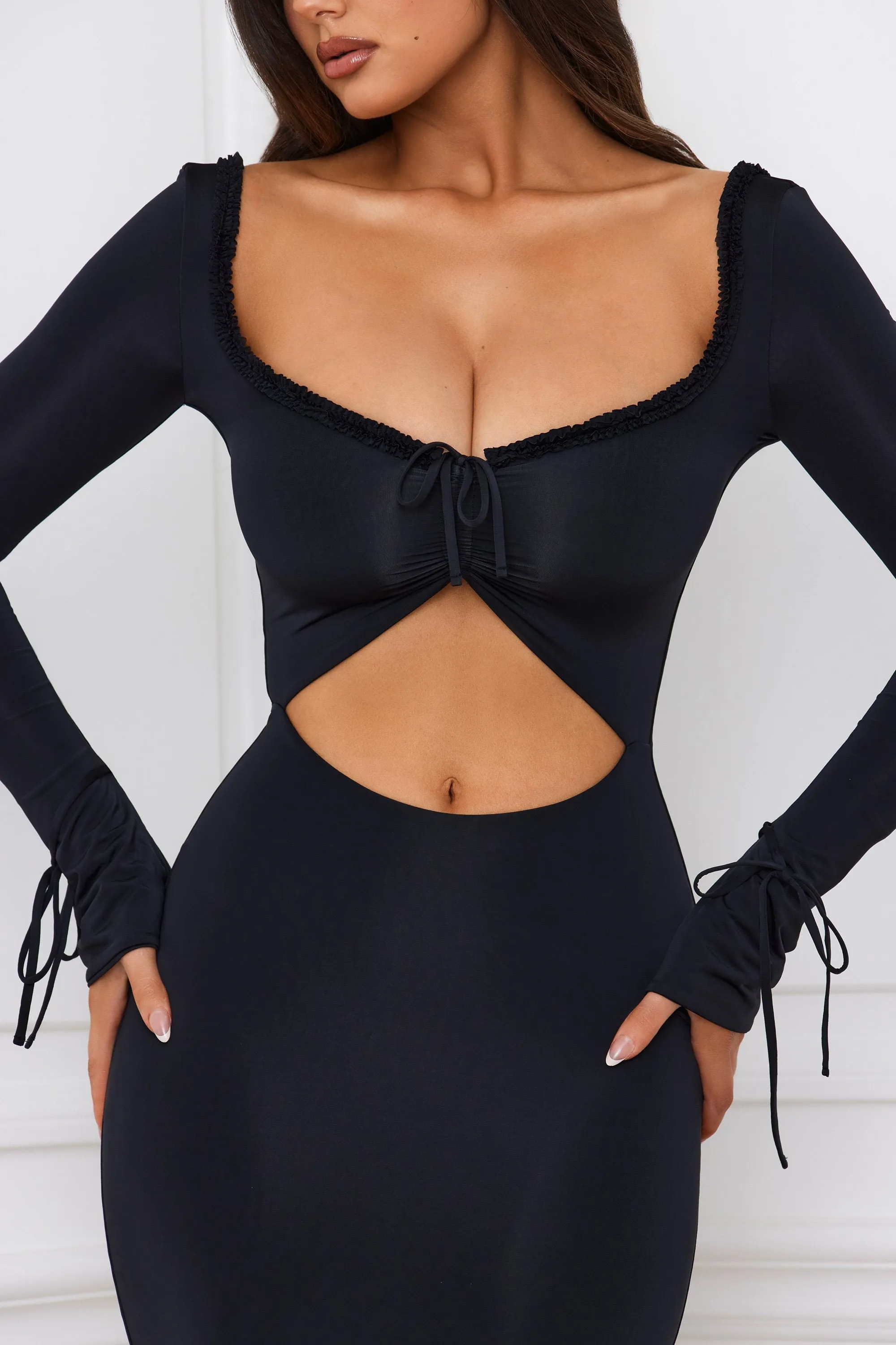 Ruffle-Trim Cut-Out Maxi Dress in Black Poplin Glow Meadow Path