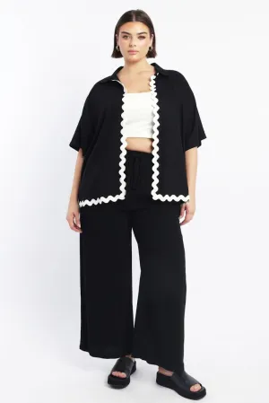 Comfort Style Black Elastic Waist Wide Leg Linen Blend Pants