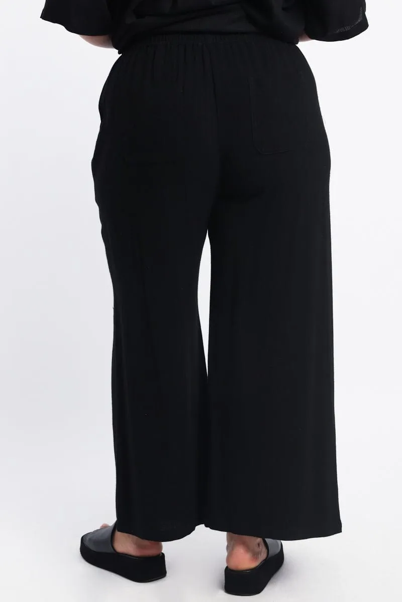 Black Elastic Waist Wide Leg Linen Blend Pants Stain Resistant Trendy Wear