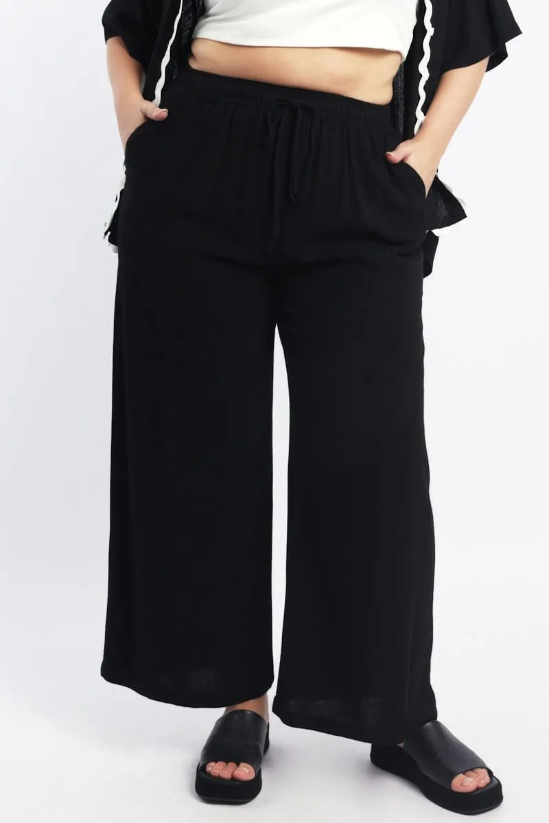SmoothZipper Basic Utility Black Elastic Waist Wide Leg Linen Blend Pants