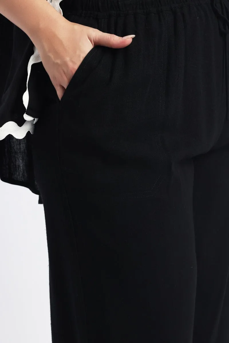 Black Elastic Waist Wide Leg Linen Blend Pants Core Cut Breathable Lining