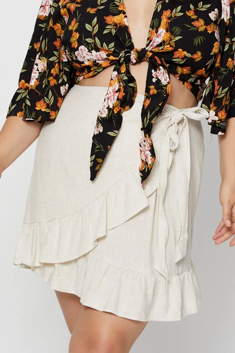 Beige Mini Wrap Skirt Linen Blend Ruffle Hem Creative Look