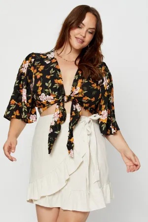 Beige Mini Wrap Skirt Linen Blend Ruffle Hem Light Touch