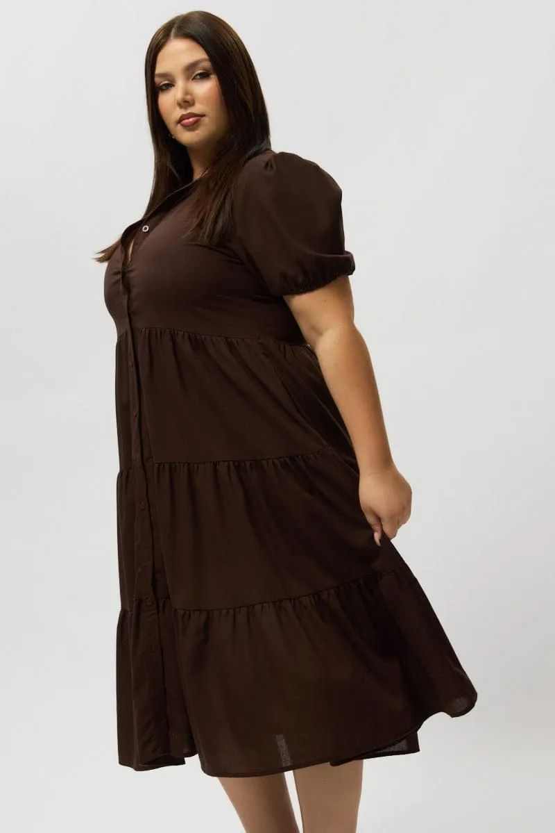 Brown Midi Dress Short Sleeve Shirt Flattering Layers