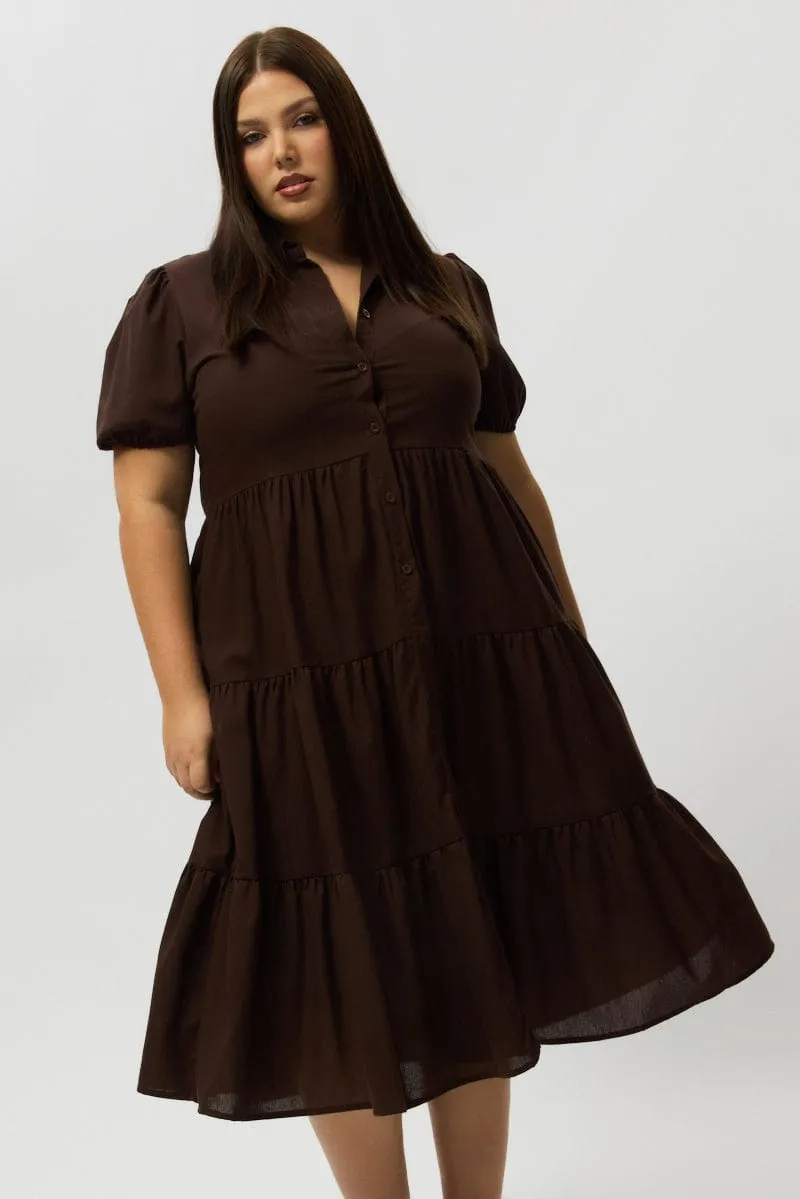 Brown Midi Dress Short Sleeve Shirt Flattering Silhouettes