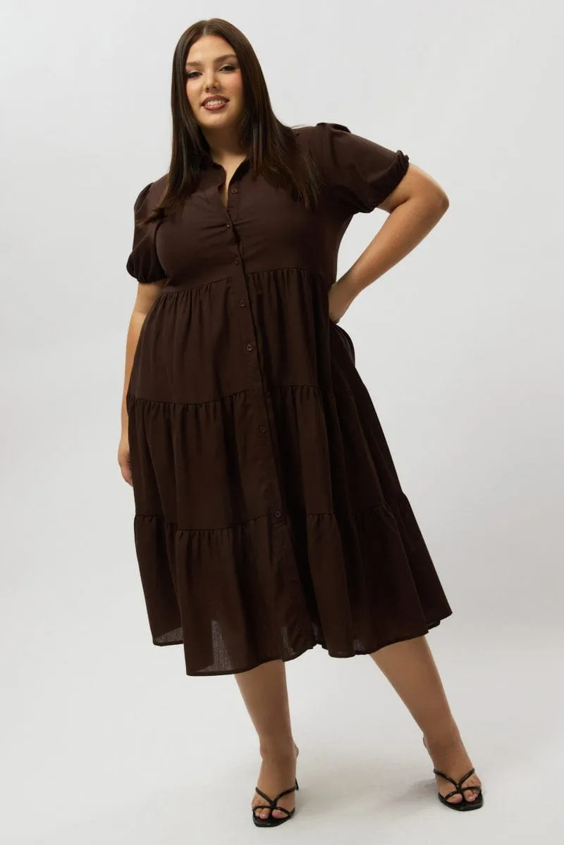 Feminine Design spring fresh Brown Midi Dress Short Sleeve Shirt