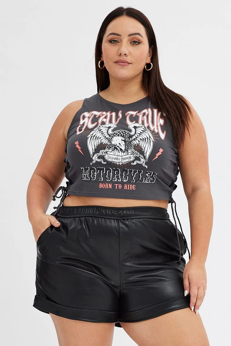 Black Faux Leather Shorts Athletic Waist Trans Glow