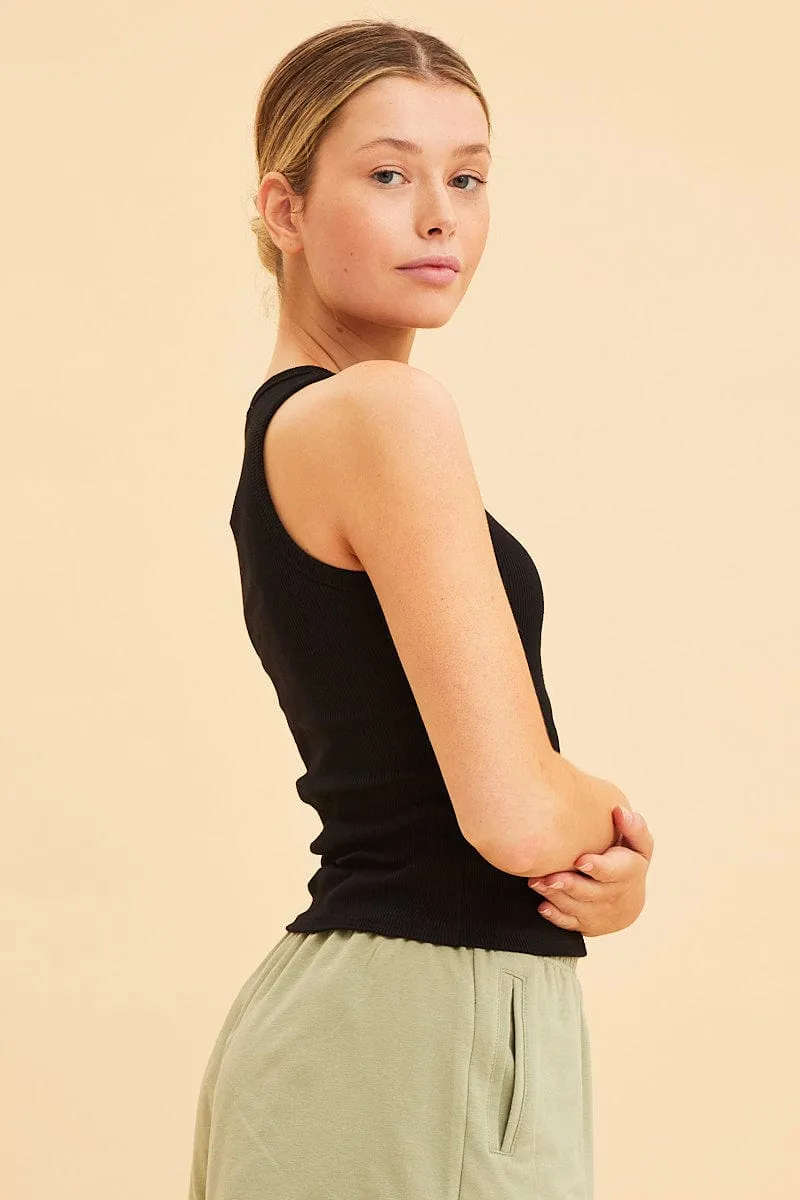 Black Racer Tank Cotton Blend Rib High Neck Racer Back Elegant Wear Active Fit