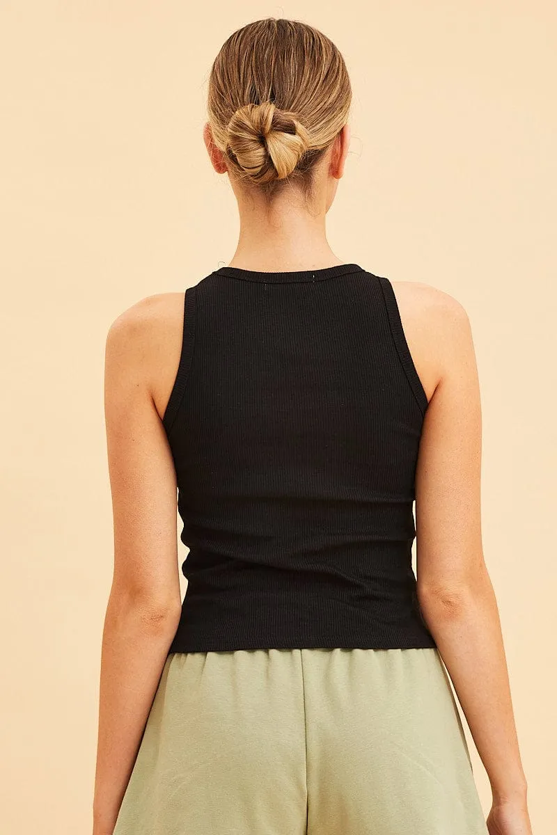 Black Racer Tank Cotton Blend Rib High Neck Racer Back SmoothEdging
