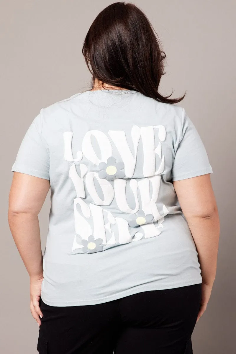 Street Trend Look Active Wear Blue Graphic T-shirt Short Sleeve Crew Neck